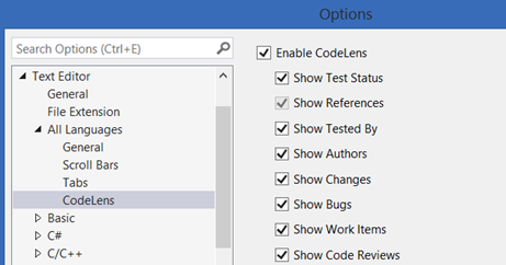 Easy Access To CodeLens Options in Visual Studio 2013